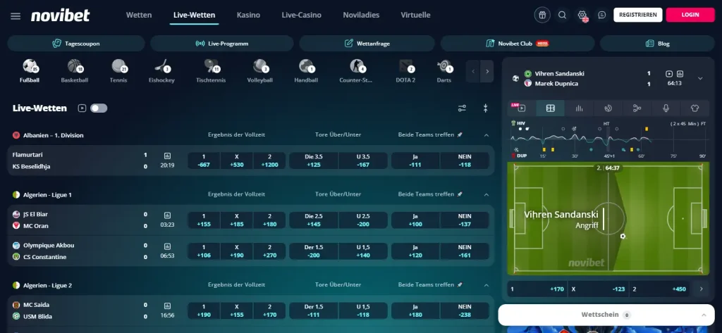 Live-Wettmärkte mit Spielständen und Quoten bei Novibet