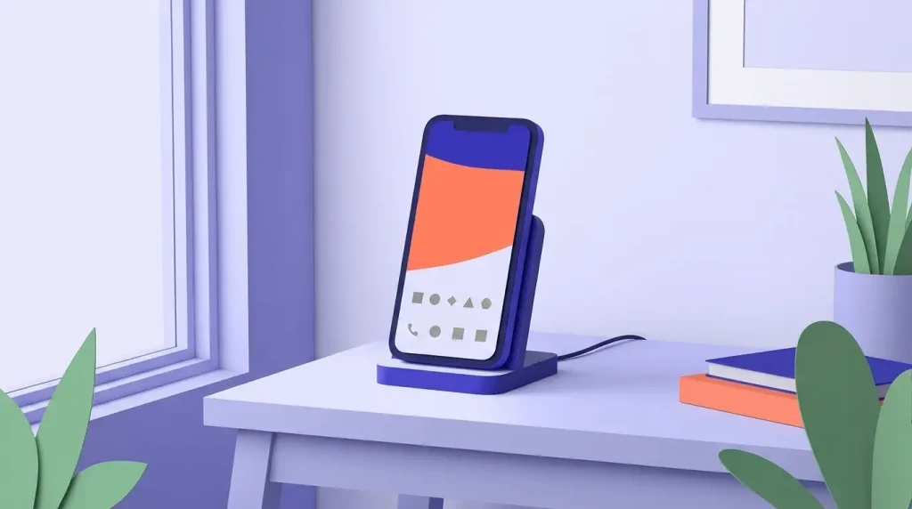 Mobiltelefon auf einer kompakten Ladestation neben einem Fenster