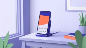 Mobiltelefon auf einer kompakten Ladestation neben einem Fenster