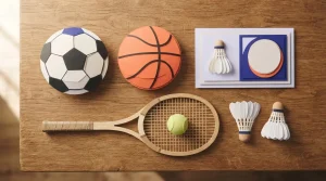 Bälle und Tennisschläger auf einem Holztisch neben weiteren Sportgeräten